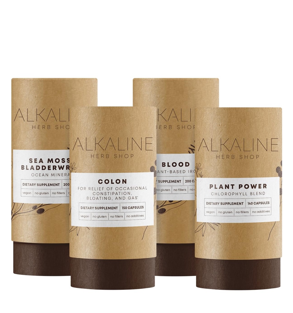 Alkaline Herb Shop Łagodne Detox Bundle - Sea Moss & Bladderwrack, Siła roślin (Chlorofil), Krew (Żelazo), i Colon (Szczęśliwy Colon)