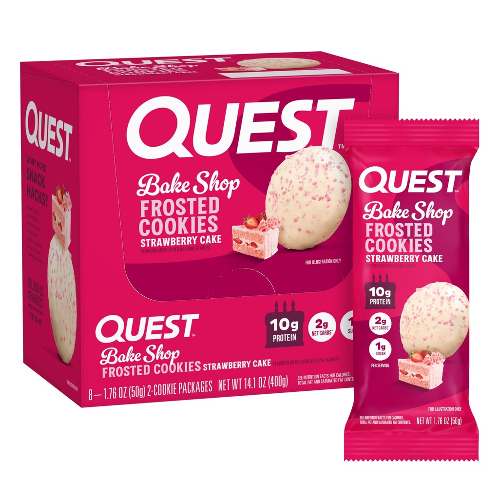Quest Nutrition Frosted Cookies Twin Pack, Ciasto truskawkowe, 1 g cukru, 10 g białka, 2g węglowodanów netto, Gluten Free, 16 Cookies