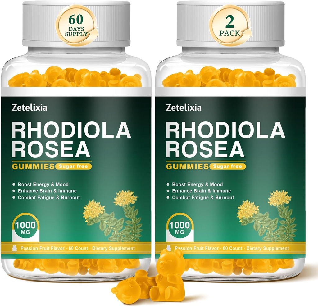 2 Pakiet bezcukrowy Rhodiola Rosea Gummies 1000mg, Rhodiola Rosea Suplement dla kobiet i mężczyzn, Endurance wsparcia, Mood & Energy, Non-GMO, Wegan, 120 Count
