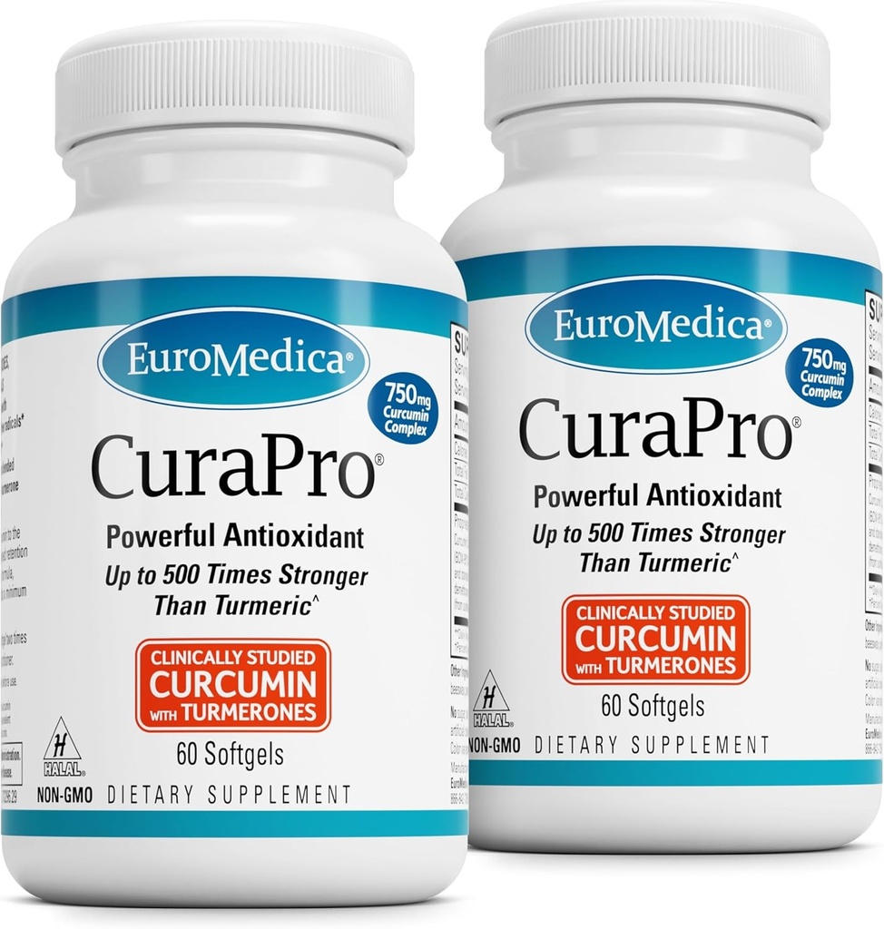 EuroMedica CuraPro - Suplement przeciwutleniający do wsparcia zdrowia mózgu i immunologicznego - Suplement dietetyczny z Curcumin & Turmeric Esential Oil - Herbal Liver Support - 60 Softgels, 2 Pack (120 Softgels)