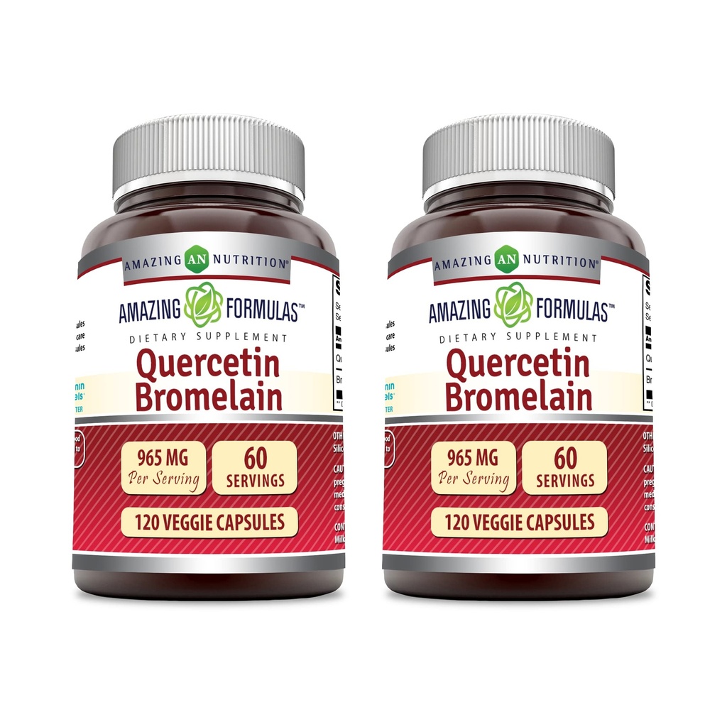 Amazing Formulas Quercetin 800mg z Bromelain 165mg, 120 Veggie Suplement kapsułki (Pack of 2) - Non-GMO - Gluten Free - Wspiera ogólne zdrowie i dobre samopoczucie