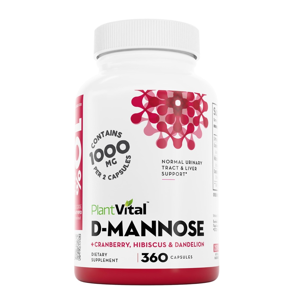Plantvital D Mannose Kapsułki z żurawiną - D- mannose 1000mg Kapsułki - Wysoka potencja dla pęcherza, nerek i moczu Tract Support. Proszek żurawinowy z Hibiscus i Dandelion. 6 miesięcy dostaw