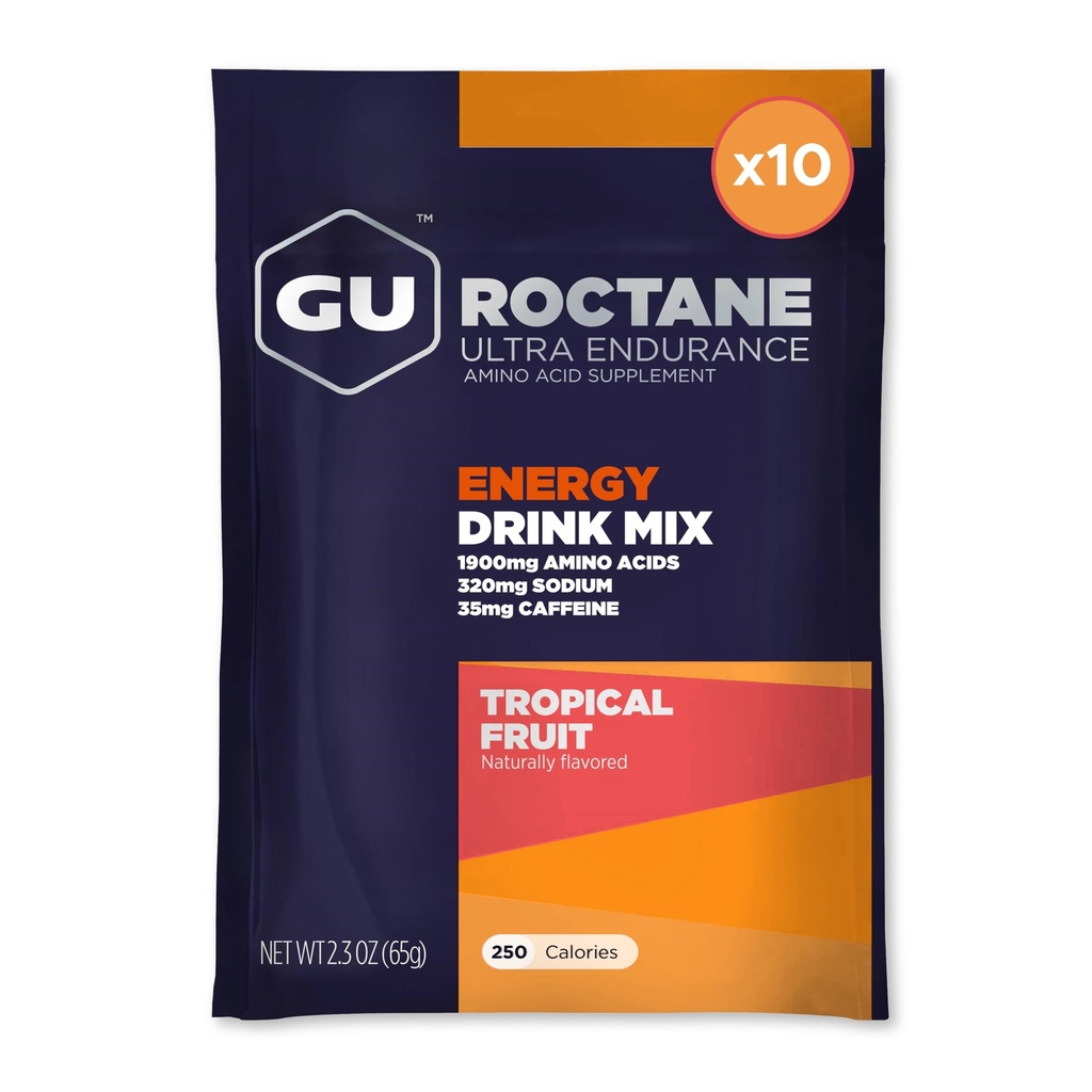 GU Energy Roctane Ultra Endurance Energy Drink Mix, Vegan, Gluten- Free, Kosher, 35 mg kofeiny i Darry-Free n-the- Energy for Any Trenaut, 10 Jednodobowych pakietów, Tropical Fruit