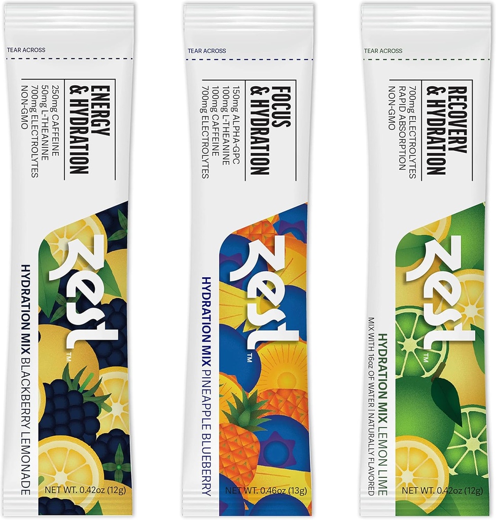 Zest Hydration Electrolyte Powder - Variety Pack - Mix w / Woda - 6 Travel Pakiety - Niski suplement cukru - Odzyskiwanie, Energia, & Napoje koncentracyjne - IV Filary płynnego nawadniania, w tym Sól i Potas