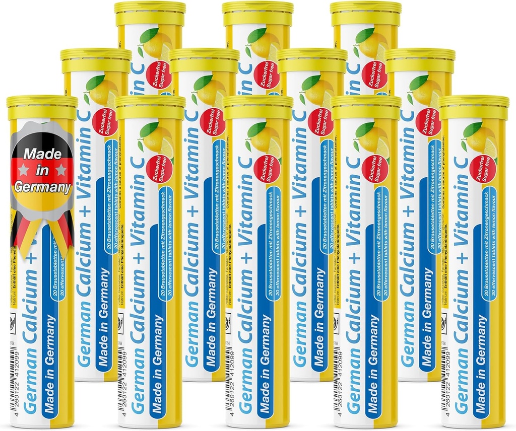 Niemiecki Wapń + VIT. C - 240 Wegańskie tabletki musujące - Lemon Lime Flavor - Made in Germany