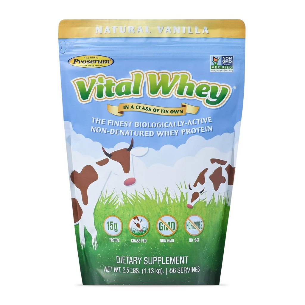 Białko serwatki karmowanej w proszku dla immunologicznej witalności, Natural Vanilla 2,5lbs (56 Służenia), 15 g białka na ser, Witalna serwatka, Czysty holistyczne, Wellness Nutrition