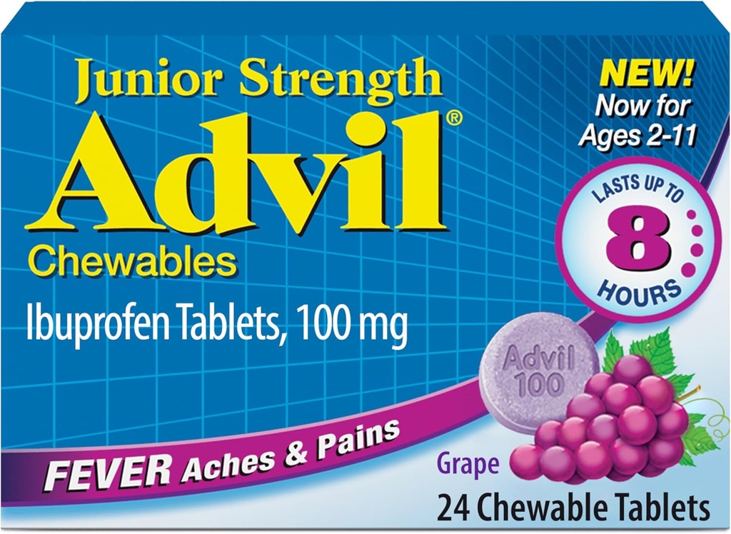 Advil Junior Siła do żucia Ibuprofen Reliever Pain i Fever Reducer, Ibuprofen dla dzieci Relief Pain, Grape - 24 tabletki