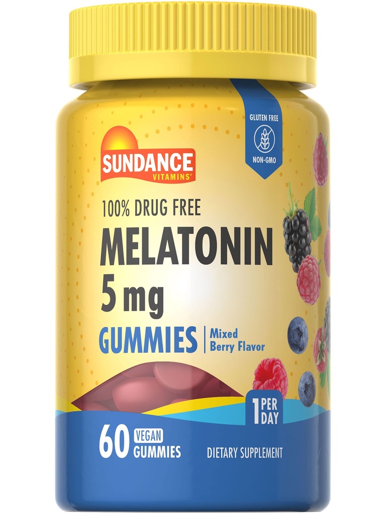 Sundance Melatonin Gummies 5 mg Agregat 124; 60 Hrabia Agregat 124; Mieszany aromat Berry Agregat 124; Wegan, Non- GMO & Gluten