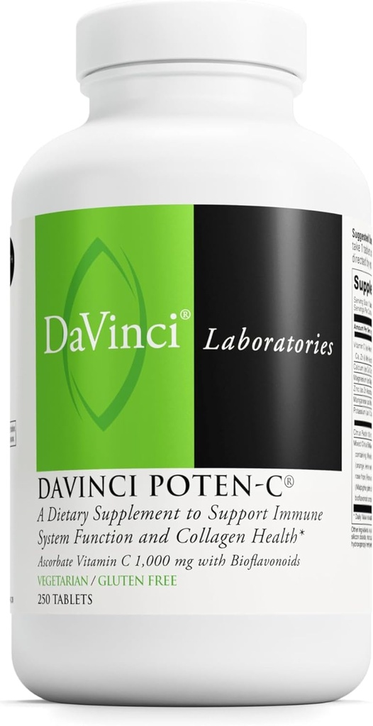 DAVINCI Labs Poten- C - Wsparcie immunologiczne Function & Collagen Health * - Witamina C, Wapń, Magnez, Cynk, Potas, Mangan i Bioflavonoids - Wegetarianin - Bez glutenu - 250 tabletek
