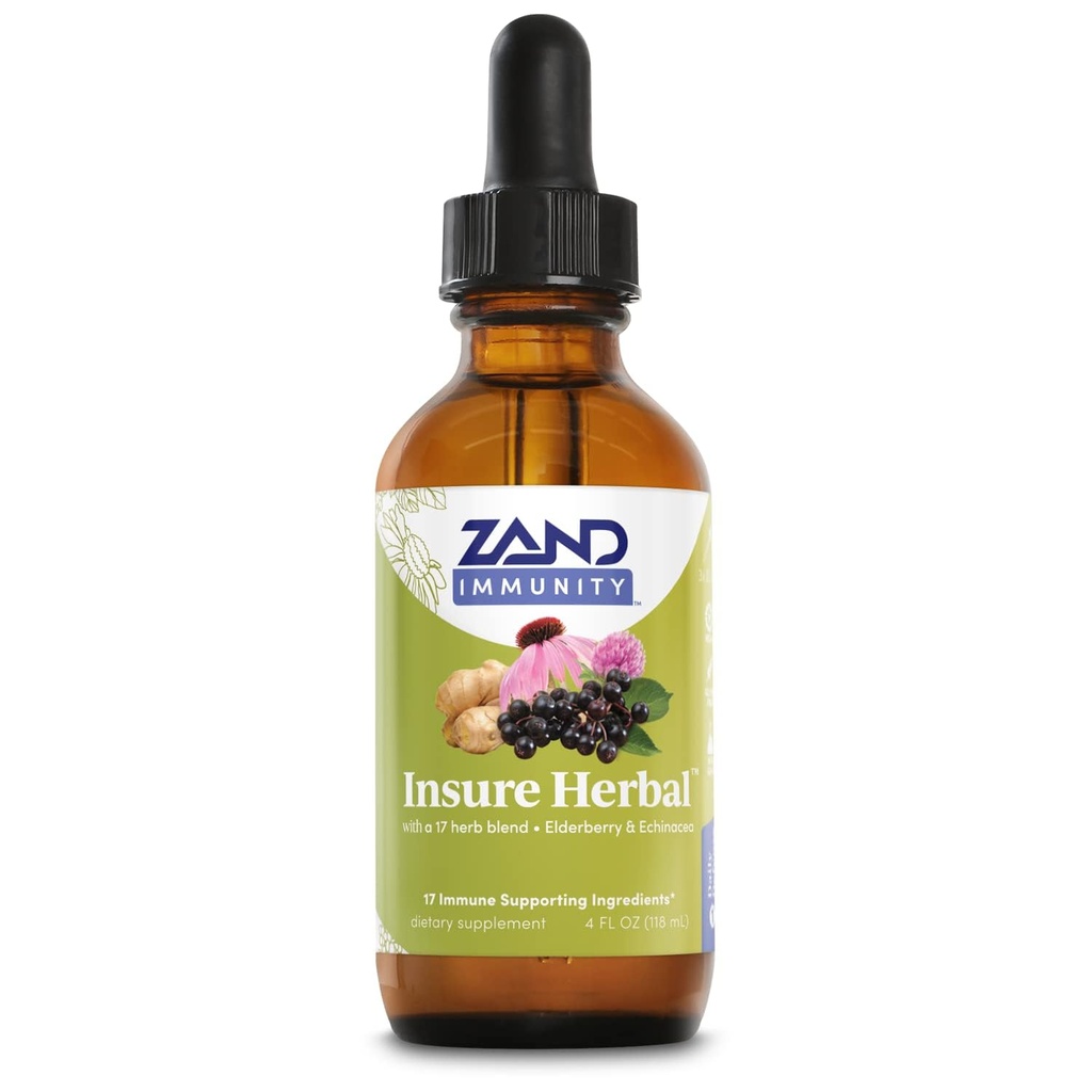 ZAND HERBALS gwarantuj Herbal Liquid Blend - 17 Wellness Składniki - w / Echinacea, Elderberry, Ginger, Sage, Peppermint i więcej - Gluten Free, Wegan, Non-GMO, 60- Day Guarantee, 147 Sługi, 4 FL OZ