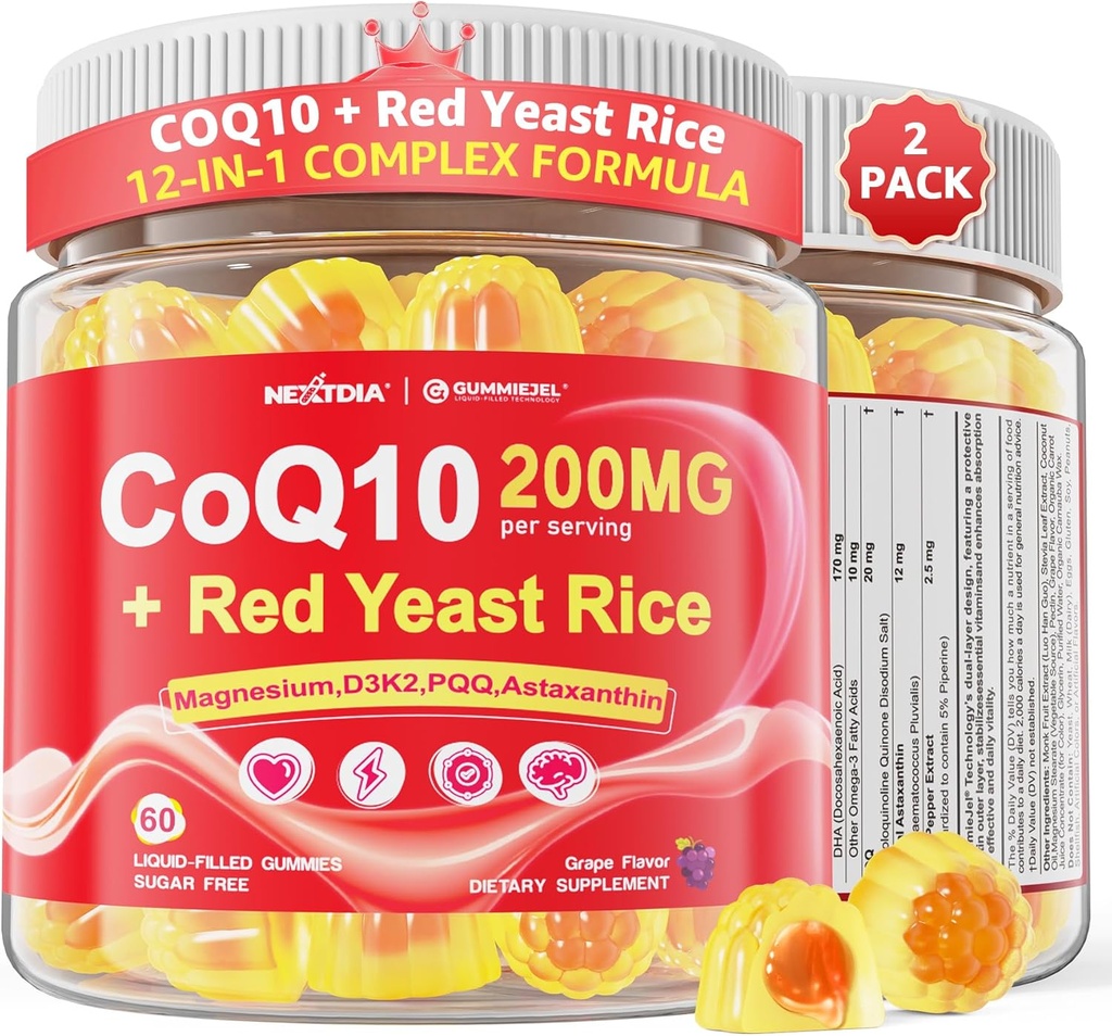 CoQ10 Gumiaki dla dorosłych - Bezcukrowe CoQ10 100mg / 200mg w / Magnez, Ashwagandha, Metylowe witaminy B9, B12, B6, Czarny pieprz, Wysoka Absorpcja CoQ10 Suplement - Energia, Przeciwutleniacz, Relax & Bone, 2Pack