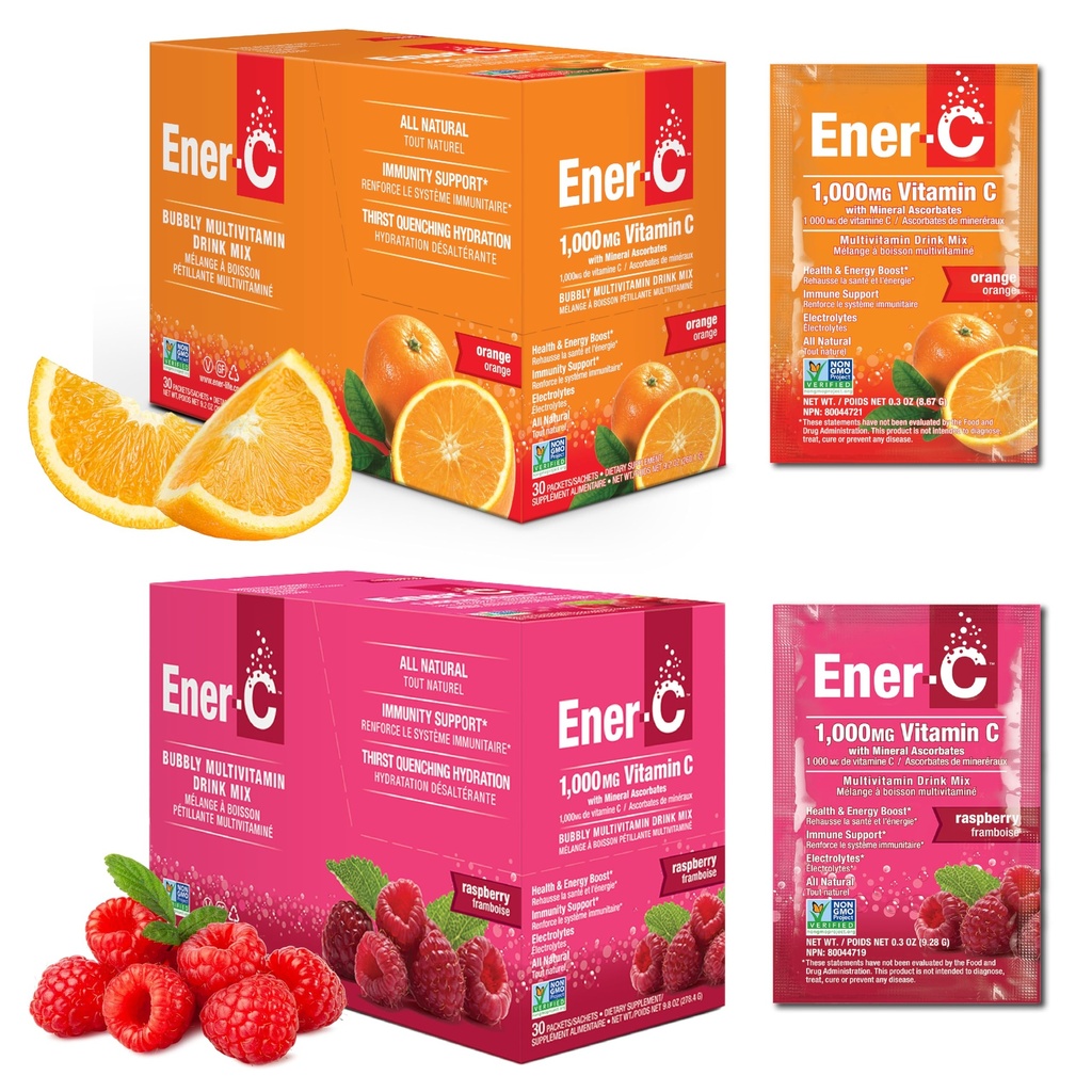 Ener- C Orange & Raspberry Multivitamin Drink Mix Proszek Witamina C 1000mg & Elektrolity z prawdziwego soku owocowego Natural Energy & Wsparcie immunologiczne dla kobiet i mężczyzn - Non-GMO Wegan & Gluten Free - 60 Count