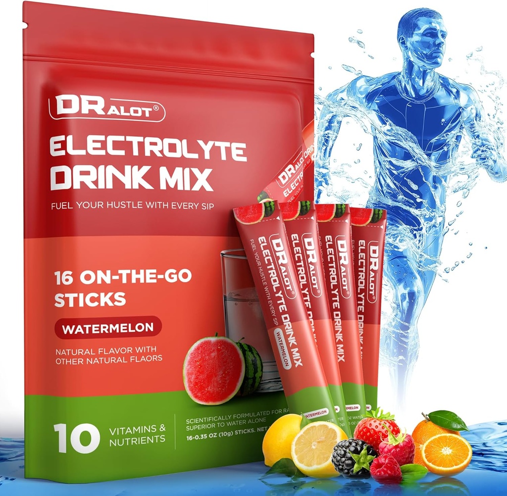 Proszek bez elektrolitów cukrowych z naturalnymi aromatami, 3X Rapid Hydration Pakiety z 10 Elektrolity i witaminy, Liquid Daily IV, Non-GMO, Gluten- Free, Keto, Wegan, 16 Sticks, Arbuz