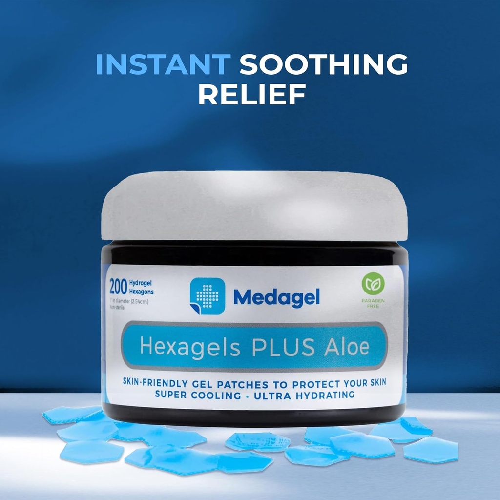 Hexagels Plus Aloe Vera - Advanced Healing Hydrogel Pads for Blister Prevention & Soothing Burn Care - Foot, Heel, Toe, & Ankle Protection, Pack of 200, 1-Inch Patches, by Medagel, Paraben Free