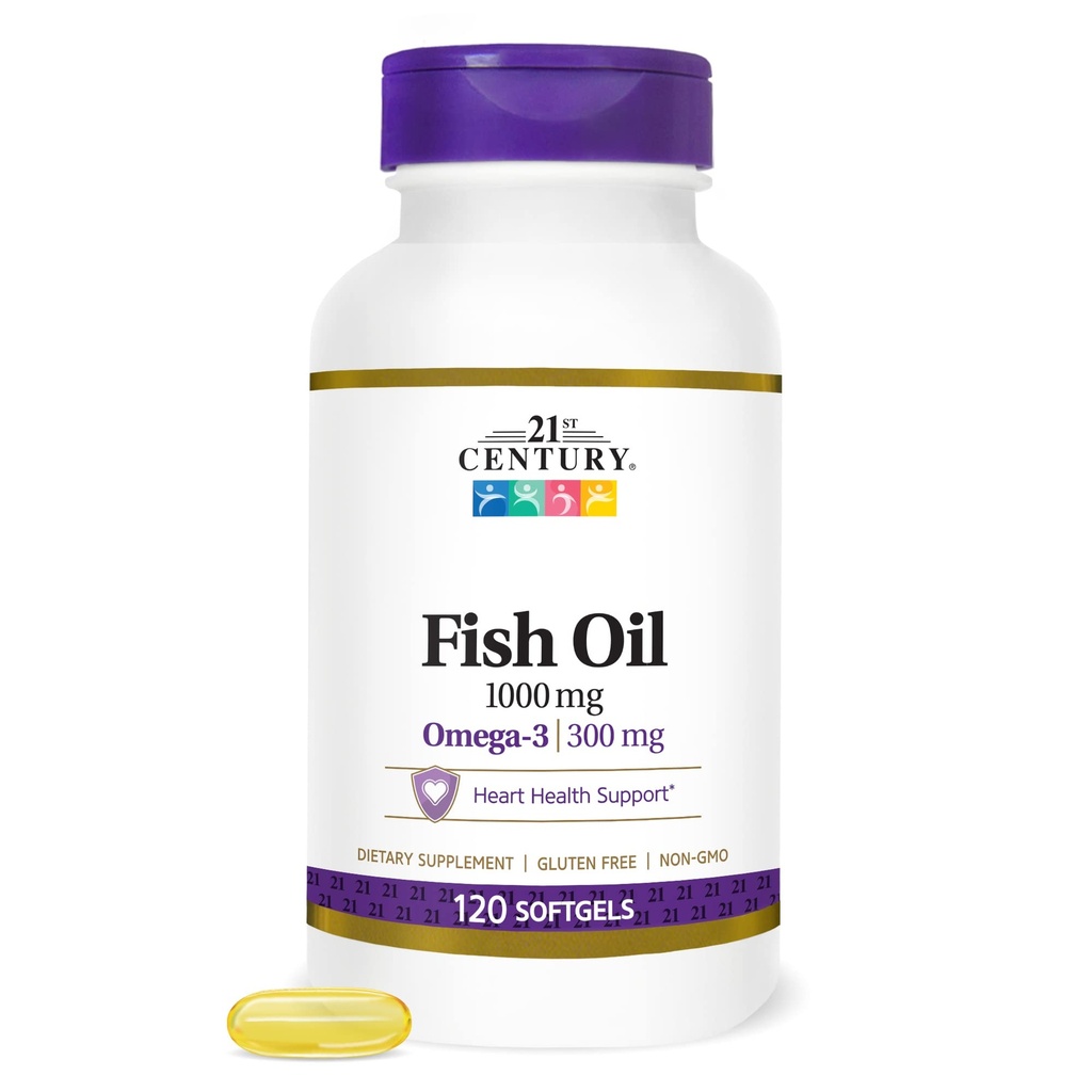21st Century Fish Oil 1000 mg Softgels, (300 Count), Moleclasly Distilled, Omega 3 Suplement z EPA & DHA, Oczyszczone do eliminowania rtęci, Wspiera zdrowie układu krążenia, Gluten Free & Non-GMO