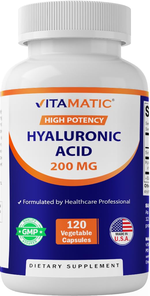 Vitamatic Hyaluronic Acid Supplements 200mg - Wspiera zdrowe tkanki łączące i połączenia - Promowanie młodzieńczej zdrowej skóry - 120 Kapsułki