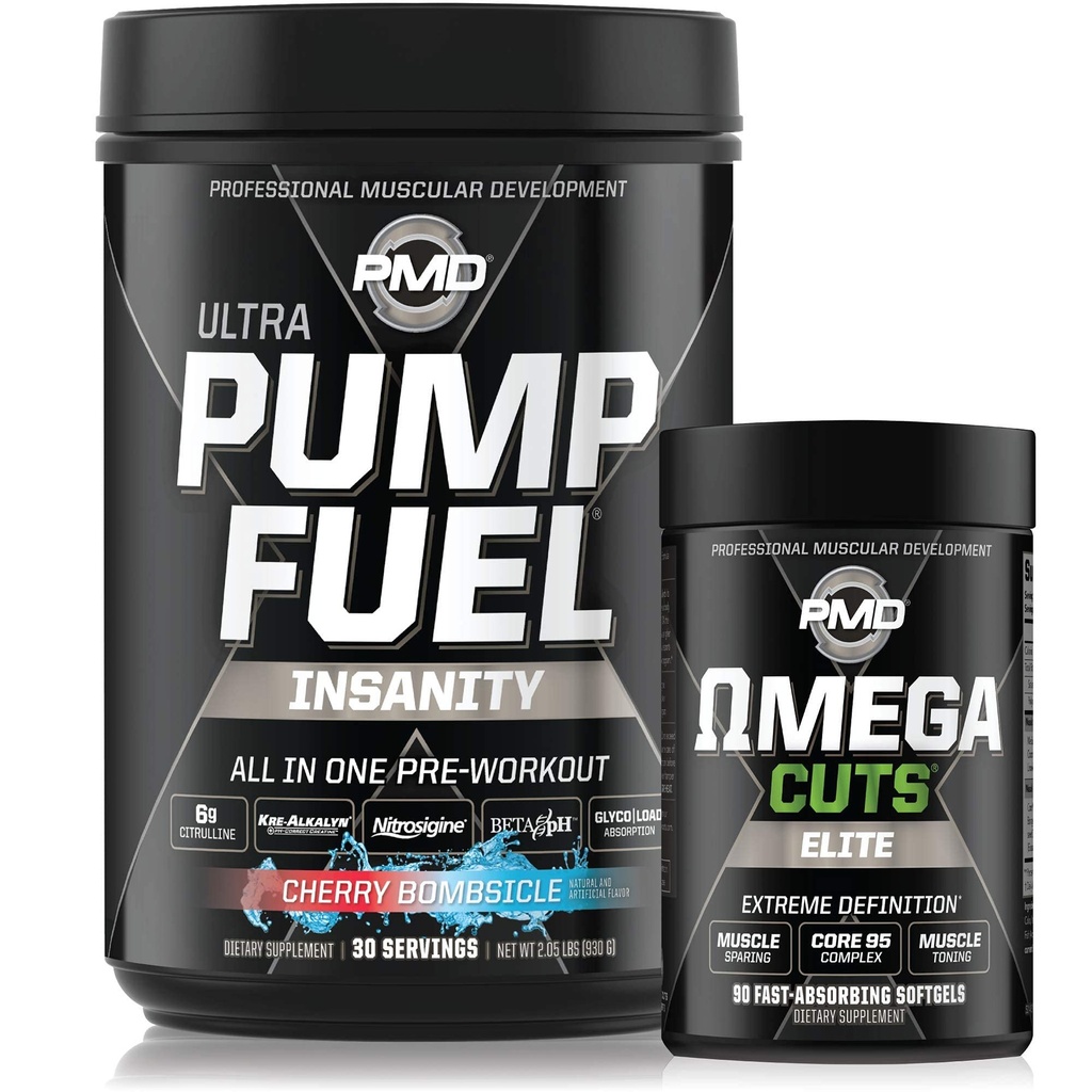 PMD Sports Ultra Pompa Paliwo Insanity - Wstępne ćwiczenia - Cherry Bombsicle (30 Słupki) Sports Omega Cuts Elite Termogeniczne spalanie tłuszczu (90 Softgels)