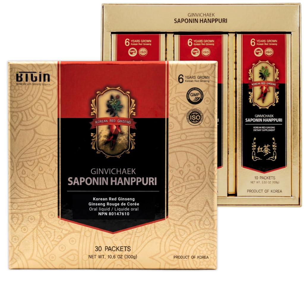 Koreański Red Ginseng Extract 3000mg Codziennie, Saponin Hanppuri, Immune Booster i Focus Supplement for Brain Enhancement with Ginsenozyde Rg3, Panax Ginseng 6 Years Root, 30Pakiety w 1 Zestaw