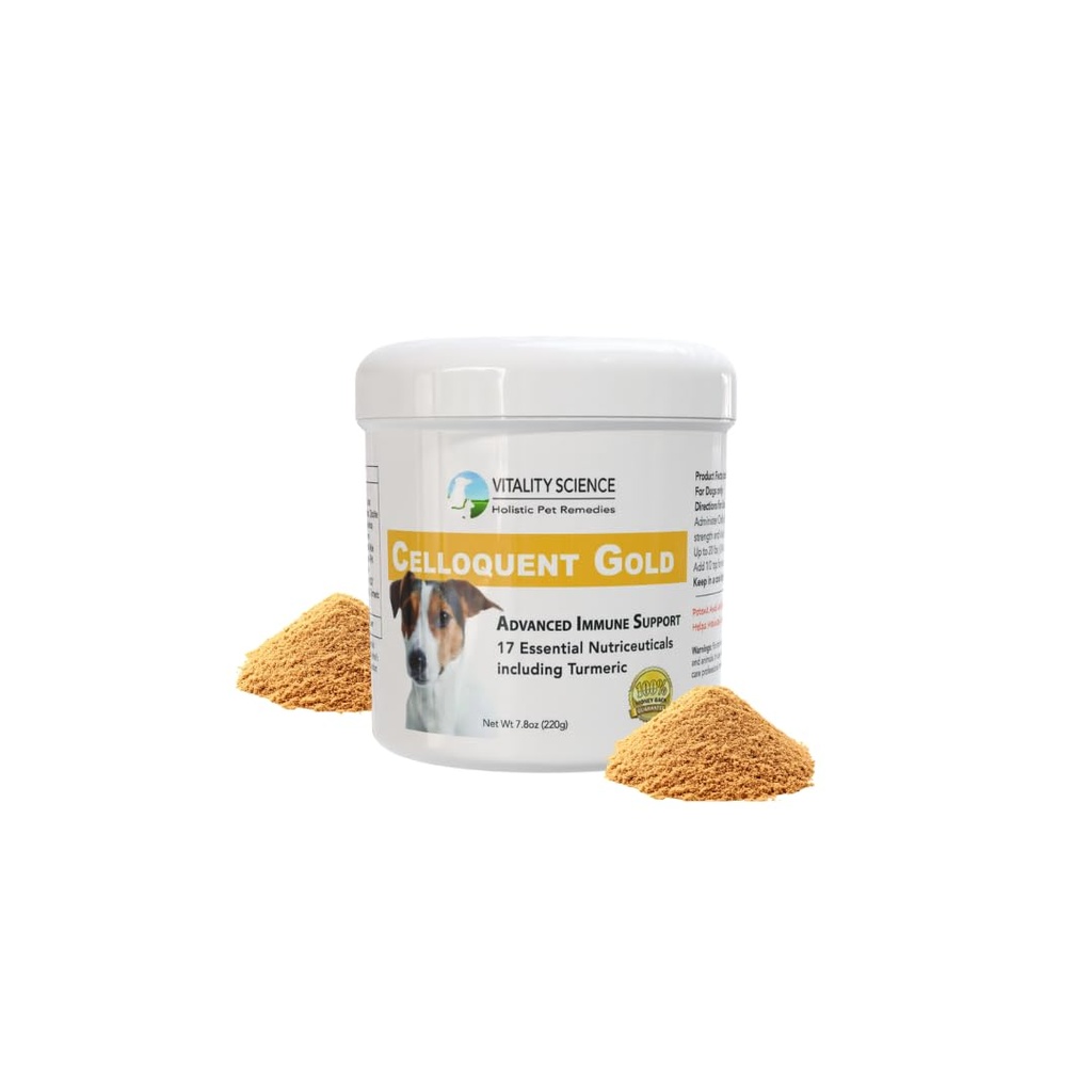 Vitality Science Celloquent Gold dla psów 124; Holistic Advanced Immune Supplement Supplement Epplement 124; 17 Proven Ingredients Epples 124; Auto Immune, Wymioty i Biegunka, Depresja (220g)