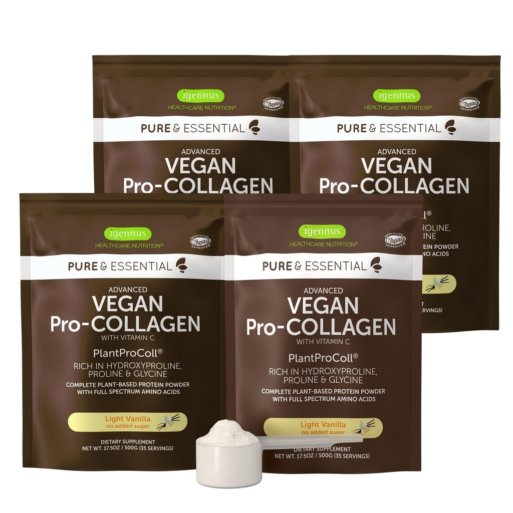 Igennus Advanced Vegan Vanilla Collagen Peptyde Powder, Enhanced glicine, Proline & Hydroxyproline & Cofactor Witamina C, Nie GMO, Roślina roślinna na bazie Collagen Proszek Booster, 140 Służenie