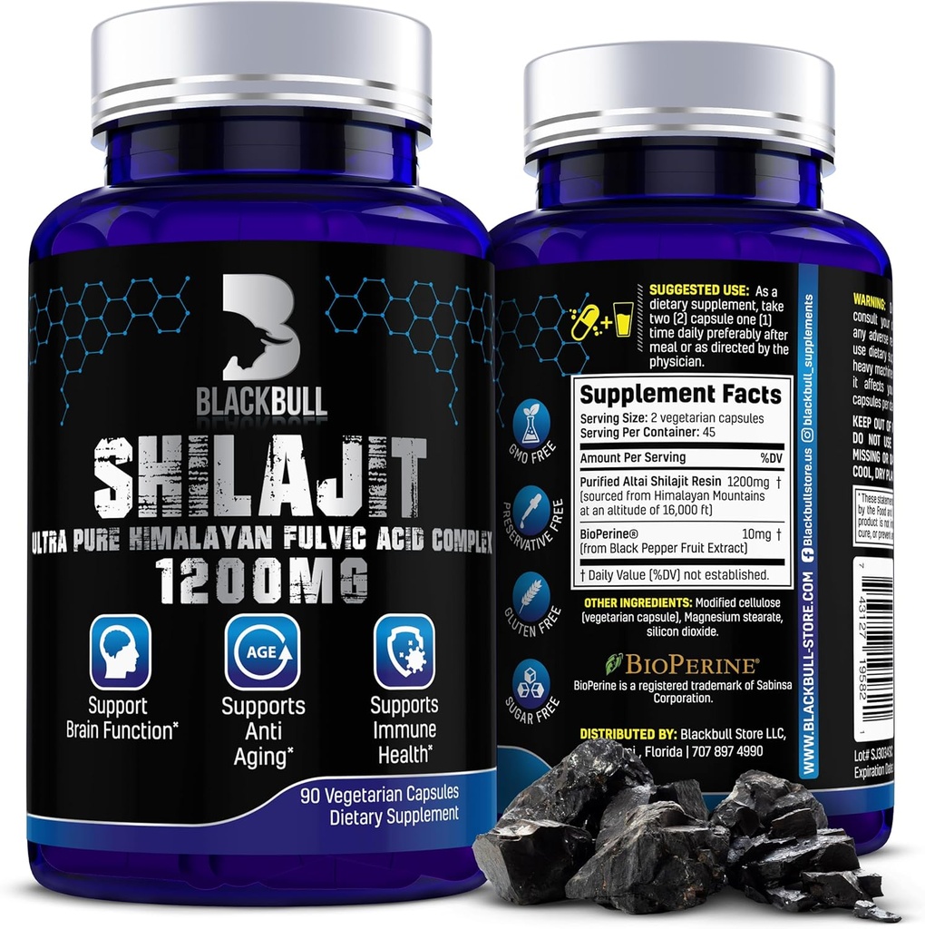 Blackbull Shilajit Pure Himalayan Kapsułki organiczne - Natural Shilajit Resin Organic z 20% Suplement kwasu Fulvic, Zdrowie mózgu, Starzenie immunologiczne Wsparcie - Pure Himalayan Shilajit