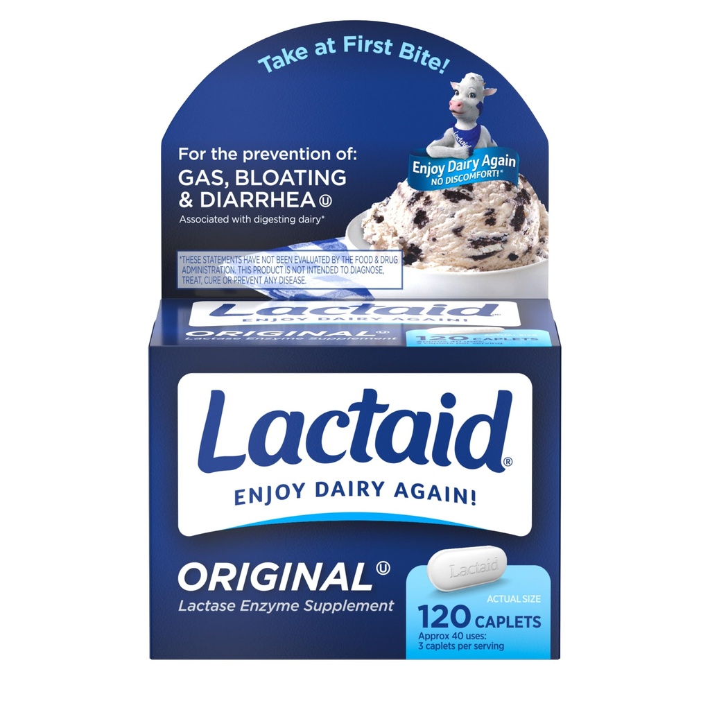 Lactaid Oryginalna moc Laktoza Nietolerancja Pigułki, 9000 FCC Natural Lactase Enzyme Dairy Relief Caplets, Pomaga Zapobiegać Gaz, Bloating & Biegunka Ze względu na wrażliwość Laktoza u dorosłych i dzieci, 120 Hrabia