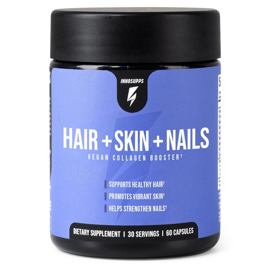InnoSupps Hair + Skin + Nails Supplement Adoption 124; Vegan Colagen Booster 124; Biotin, B12, Horsetail Herb Powder 124; Stymulowanie wzrostu włosów, Rewitalizacji skóry, Wzmocnienie Nails 124; 60 Kapsułki