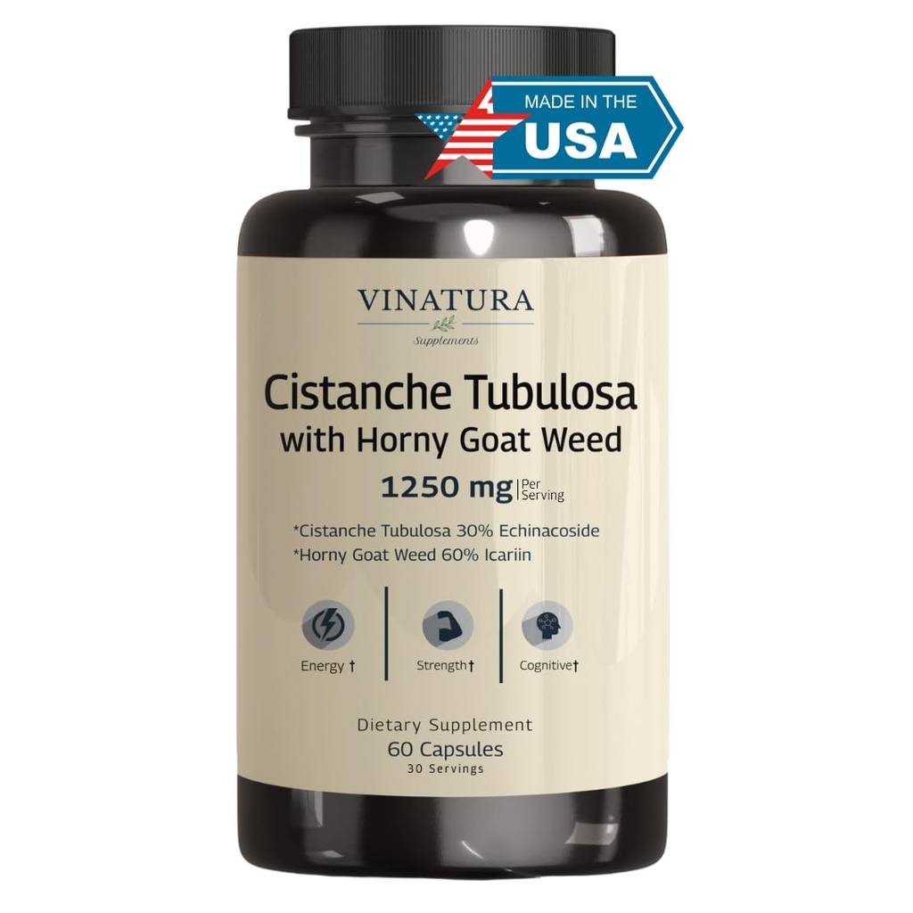 VINATURA Cistanche z Horny Goat Weed 60% Icariin - 1250mg na serwis, Cistanche Tubulosa, Cistanche Supplement Men, Energia, Siła Cognitive * USA Made and Tested * - 60 Kapsułki 30 Służenie