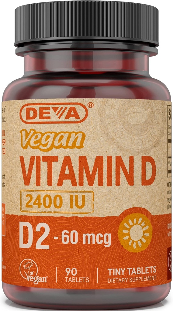 DEVA Vegan Witamina D2 60 µg 2400 j. m., Suplement Ergokalcyferolu bez składników zwierzęcych, 90 tabletek, 1- opakowanie