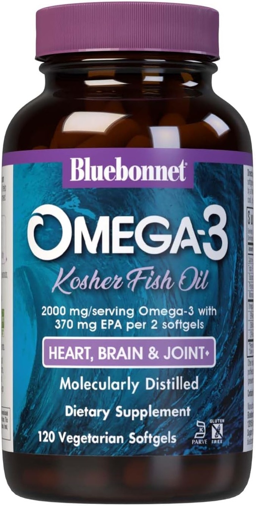 Bluebonnet Nutrition Omega-3 Kosher Fish Oil, Natural Trigliceryde Form, Gluten- Free, Dairy- Free, Kosher Certified, Non-GMO, 3. Party Tested, Molekularnie destylowane, 120 Softgel wegetariański, 60 Serving
