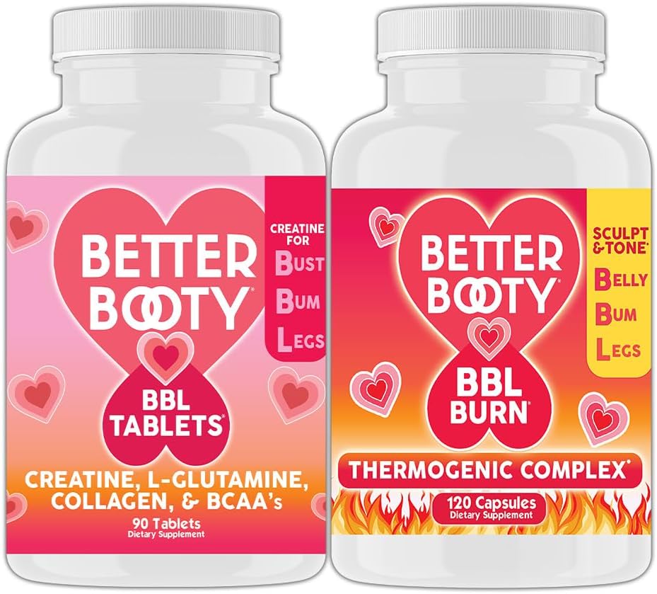 Angry Supplements Better Booty Women 's Creatine BBL Combo: BBL Tablets (90ct) w. Kreatyna, Glutamina, BCAA' s, Kolagen + BBL Burn Termogeniczne kapsułki (120ct)