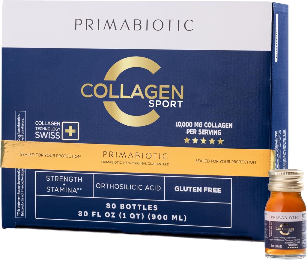 PRIMABIOTIC Liquid Collagen Sport- High Collagen Content [10,000 Mg] Per Serving - Hydrolyzed Collagen Drink and 12 Vitamins Orthosilicic Acid | Helps Bone Health, Hair, Nails | (30 Bottles x 30 ML)