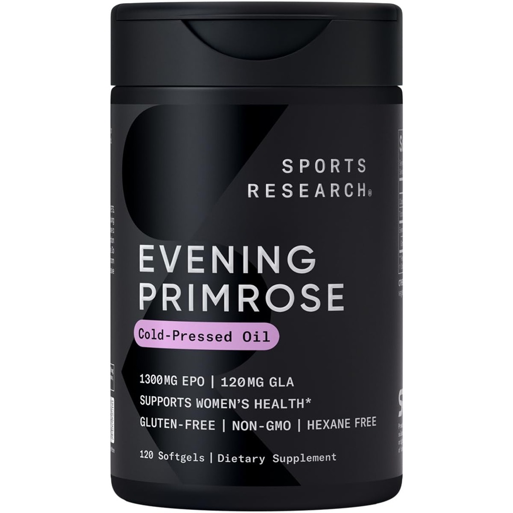Sport Research ® Wieczór Primrose Oil 1300mg, 120 Kapsułek - 10% GLA, Cold- Pressed, Gluten & Soy Free
