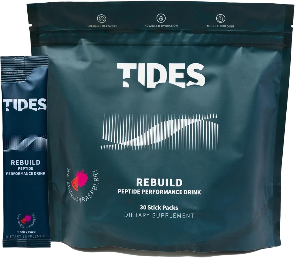 Tides Rebuild Complex Peptide Stick Pack, Watermelon Rasberry, Flavored Powder Drink Mix Packs for Muscle Health Support, 30 Stick Packs