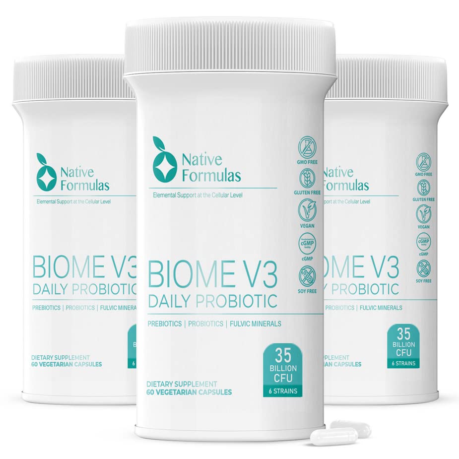 Komponenty rodzime Biome V3 Probiotyczne, Prebiotyczne, & Fulvic Minerały Suplementy - 35 Miliard CFU - 6 Szczepów - 180 Kapsułki wegańskie - Kobiety i Mężczyźni - FODMAP Przyjazne Wsparcie Digestive, Immune & Gut Zdrowie