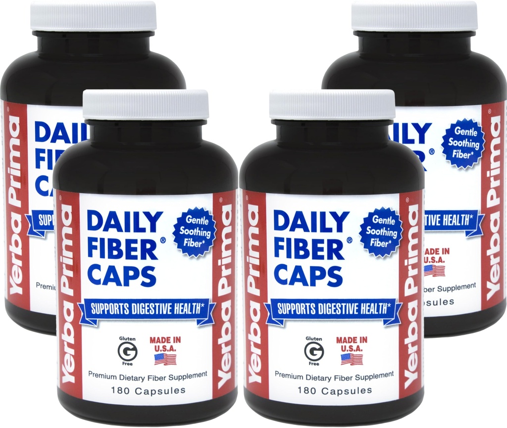 Yerba Prima Daily Fiber Caps - 180 Kapsułek, (Opakowanie 4) - Rozpuszczalny i nierozpuszczalny suplement diety Fiber - Colon Cleanse - Gut Health - Wegan, Non-GMO, Gluten- Free