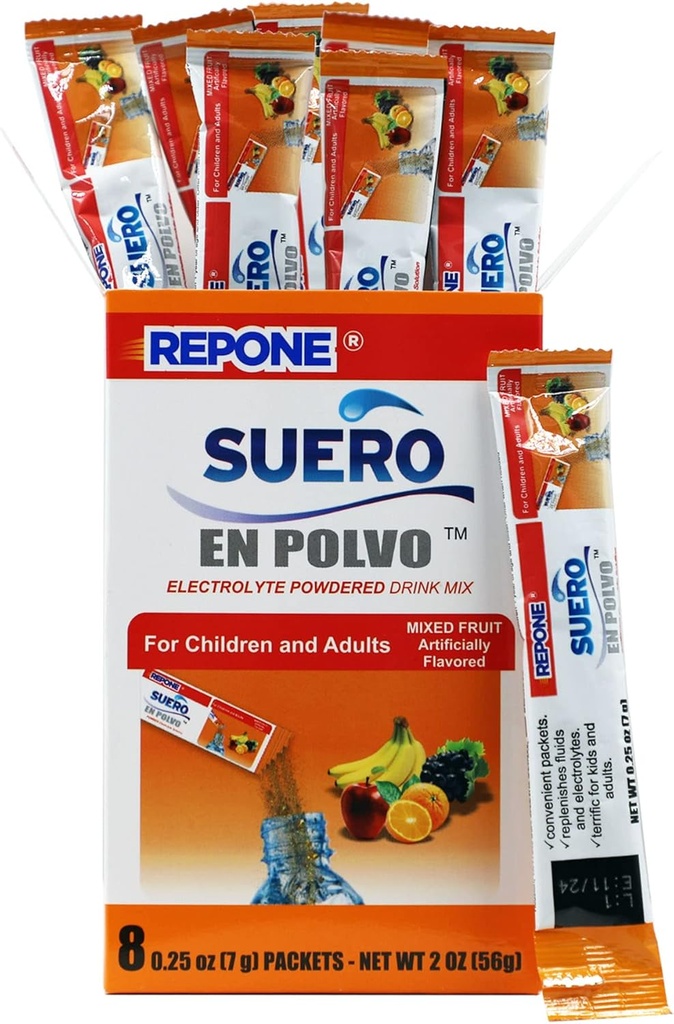 RePONE SUERO Electrolyte Powder Solution Fruit Flavor, 8 Oz Pakiety, 1 Pudełko z 8 Pakiety.