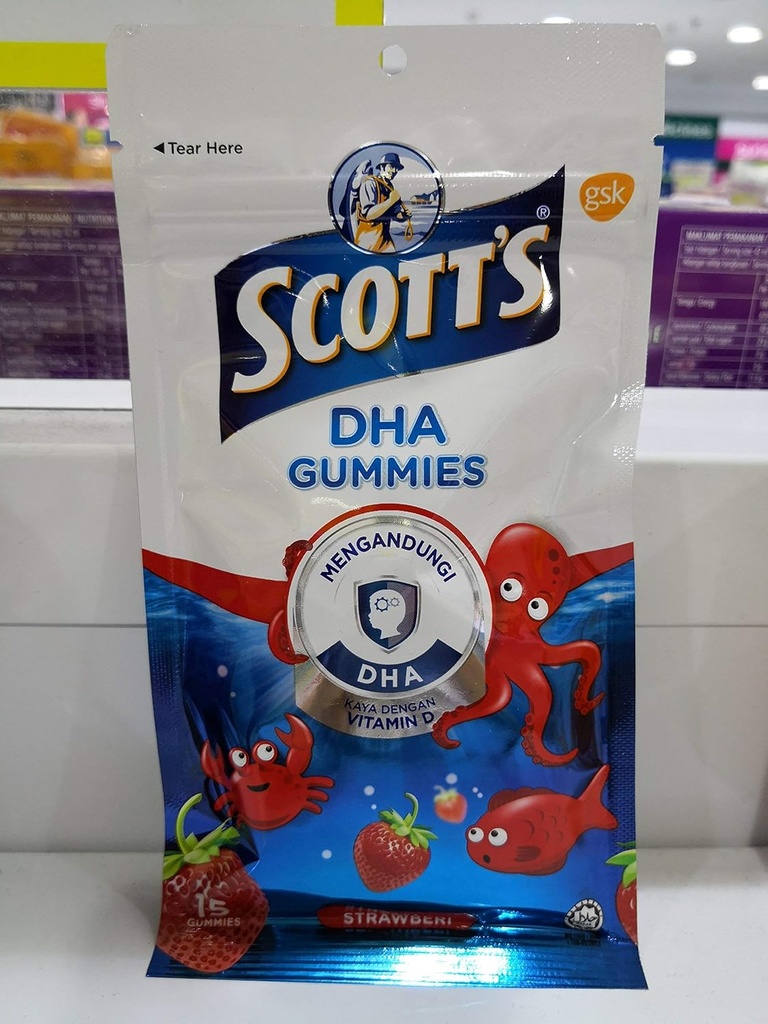 Gummeje DHA Scotta, aromat truskawkowy, 15s, witamina D, niezbędne dla zdrowego wzrostu i rozwoju dzieci i zdrowej funkcji immunologicznej.