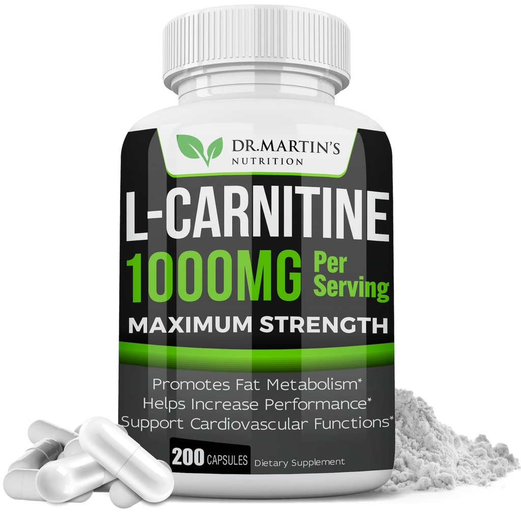 DR. MARTIN 'S NUTRITION Extra Siła L- Karnityna - 200 Kapsułki - 1000mg Na Podawanie - Zwiększenie metabolizmu i zwiększenia wydajności
