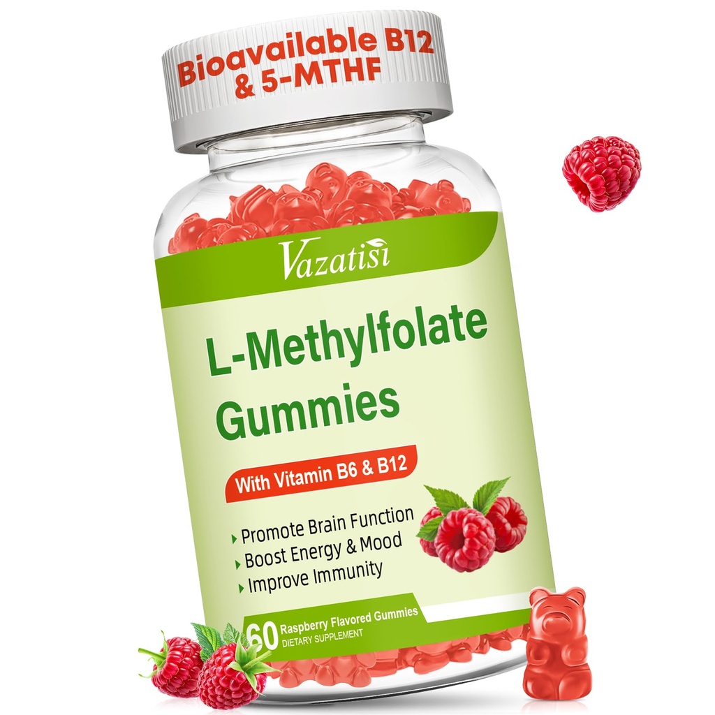 L- Metylofolan 15 mg Gumumie z metylu B12, suplement foliowy dla nastroju, Zdrowie mózgu, Wsparcie immunologiczne, Malina Flavor, 60 Hrabia