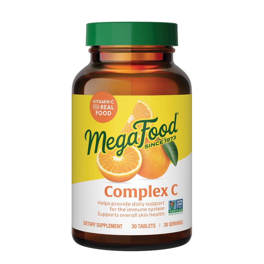 MegaFood Complex C - Wegański suplement wsparcia immunologicznego z witaminą C 250 mg, Made with Real Food Including Orange, Żurawina & Brown Rice, Gluten- Free, Kosher - 30 Tablets, 30 Servings