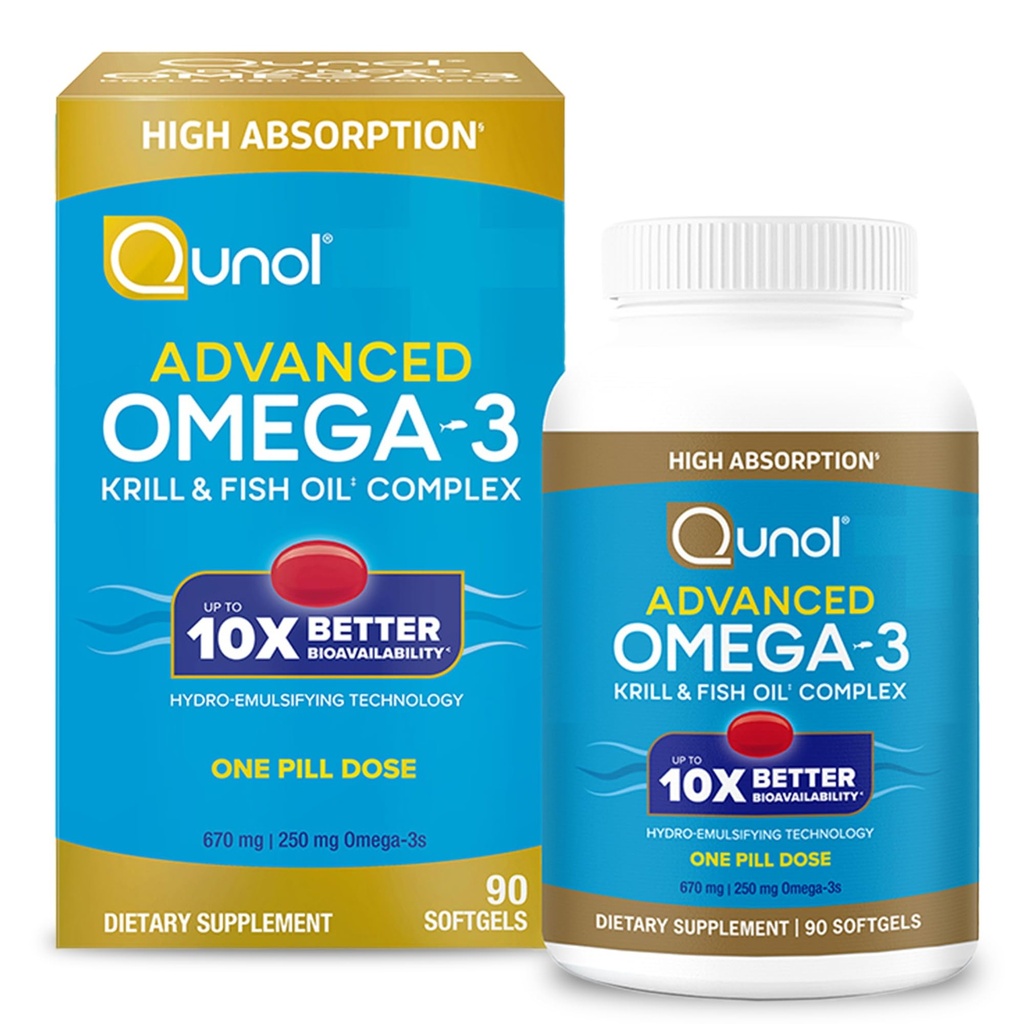 Qunol Advanced Omega 3 Krill and Fish Oil Complex, 10x Better Biodostępność, One Pill Dose, 250 mg EPA & DHA, Supports Brain, Eye, Heart and Joint Health, 90 Count (Pack of 1)