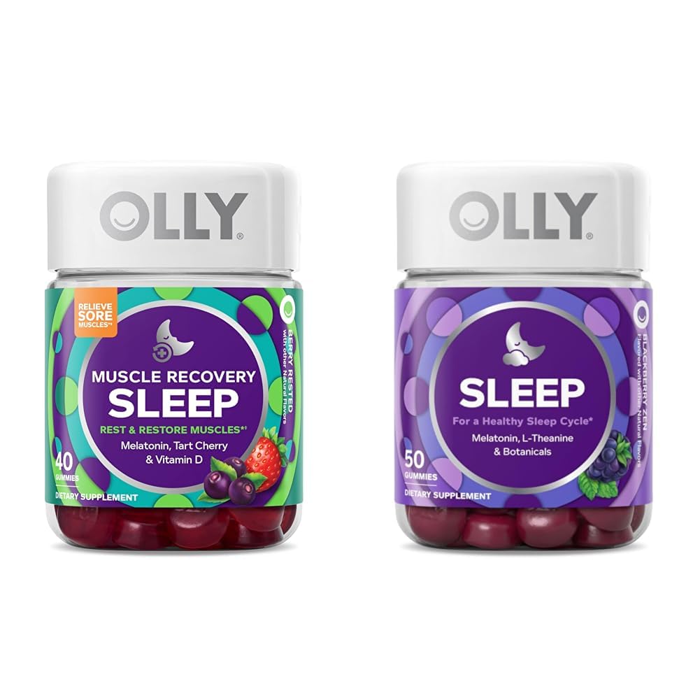 OLLY Muscle Recovery Sleep Gummies z Melatonin, Tart Cherry, Witamina D, 40 Count Sleep Gummy z Melatonin, L- Theanine, Rumianek, 50 Count