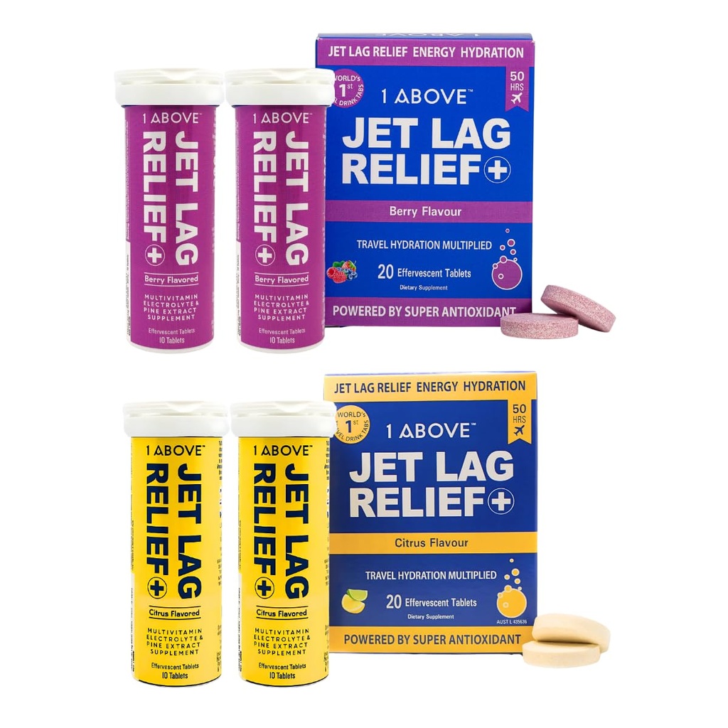 1ABOVE Jet Lag Relief Effervescent Multivitamin z Pycnogenol Travel Supplement for Hydration, Energy, Immune Support and Faster Recovery - Lotnictwo zasadnicze - Citrus 20 Count and Berry 20 Count