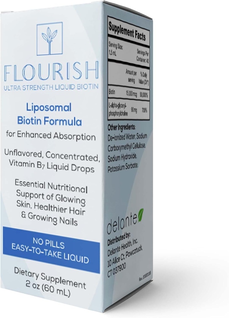 Solace Nutrition - Fluurish Biotin Hair, Skóra i paznokcie Witaminy, Płynne witaminy Suplementy z witaminą B7, Nieflawored Hair Growth Supplement, Ultra- Siła Biotin Witaminy, 15,000 µg, 2fl oz