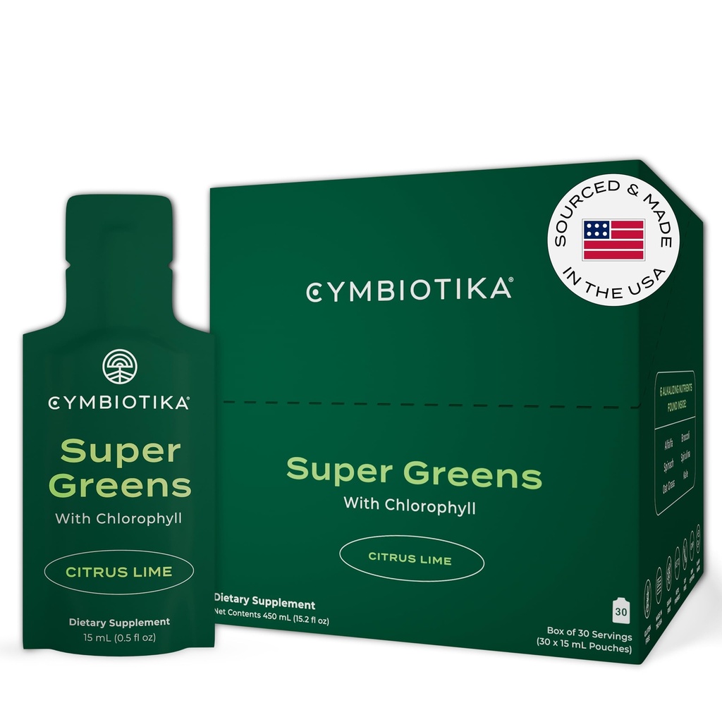 CYMBIOTIKA Super Zielone Suplement z chlorofilem, Spirulina, Daily Vegan Superfood Pakiety dla Digestive Gut Health, Detox, Energia i wsparcie immunologiczne, Citrus Lime Flavor, 15 ml Pouches, 30 Pack