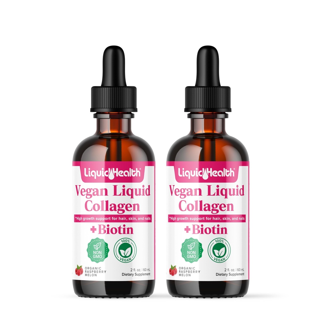 LIQUIDHEALTH 100% Vegan Collagen Plus Biotin 100,000mcg płynne krople - Płynny Collagen na bazie plantacji dla kobiet i mężczyzn - Wzrost włosów i paznokci, Zdrowie skóry, Zwiększenie metabolizmu - Wyprodukowane w USA, Non-GMO (2 Pack)