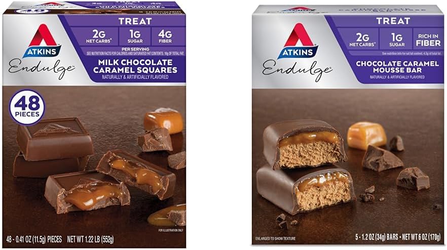 Atkins Endulge Mleko Czekolada Karmel Squares 48 Count & Chocolate Karmel Mus Bary 5 Count Bundle