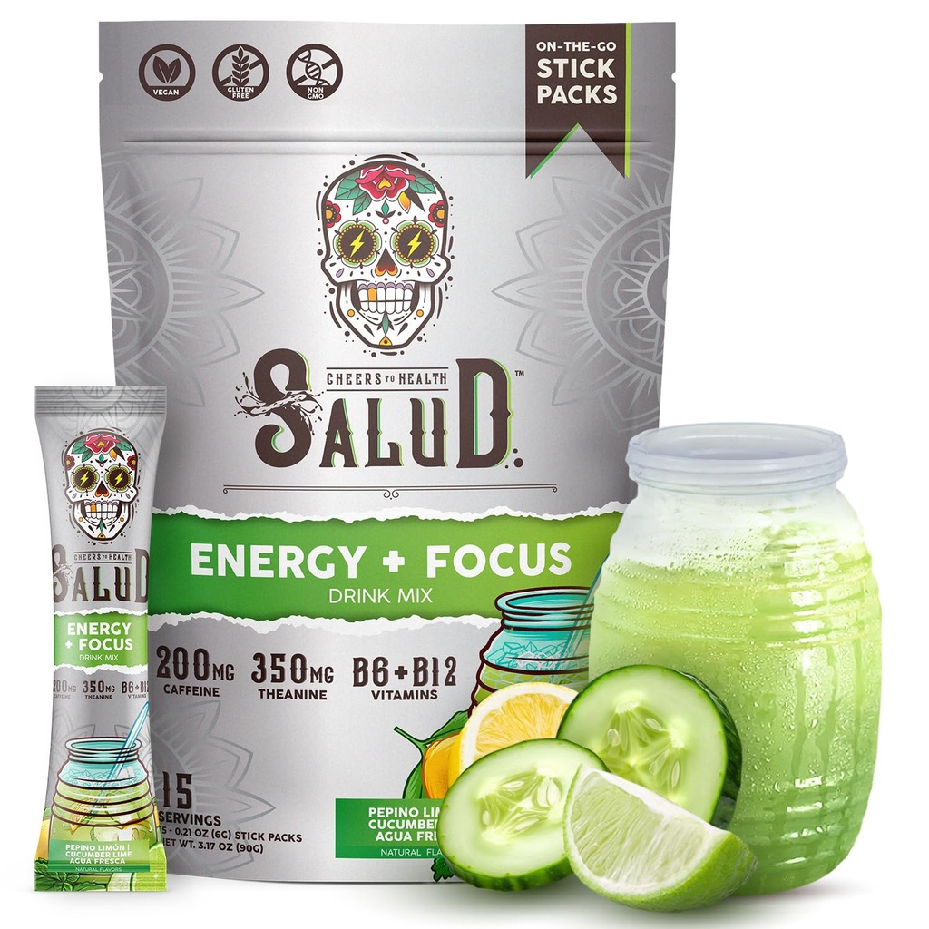 Salud 2- in-1 Energy Drink Powder + Focus, Ogórka, Kofeina organiczna, B6 + B12, Theanine, Clean Energy Drink Pakiety, Agua Fresca Mix, Non-GMO, Gluten Free, Wegan, 1g cukru, (15 Sług)