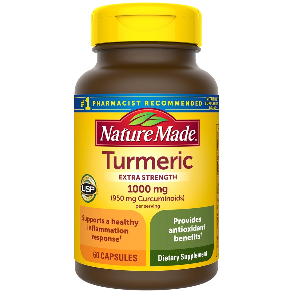 Nature Made Extra Siła Kurkumina Turmerowa z Black Pepper, 1000mg Ekstrakt Turmeric per serving (Standaryzowane do 95% Kurkuminoidy), Wspiera zdrową reakcję zapalną, 60 Kapsułki wegetariańskie